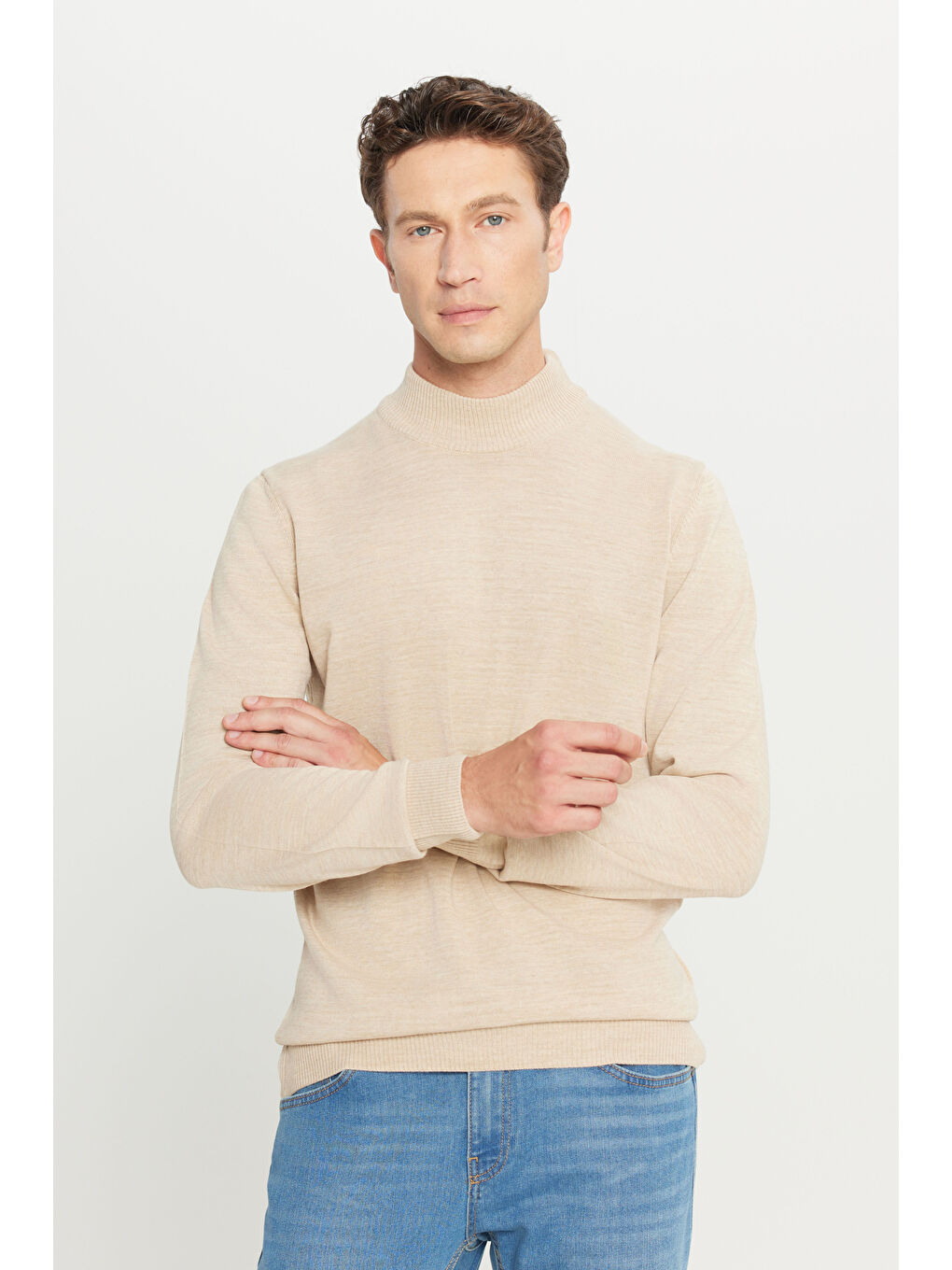 Erkek Bej Tüylenme Yapmayan Anti-Pilling Standart Fit Yarım Balıkçı Yaka Triko Kazak-2