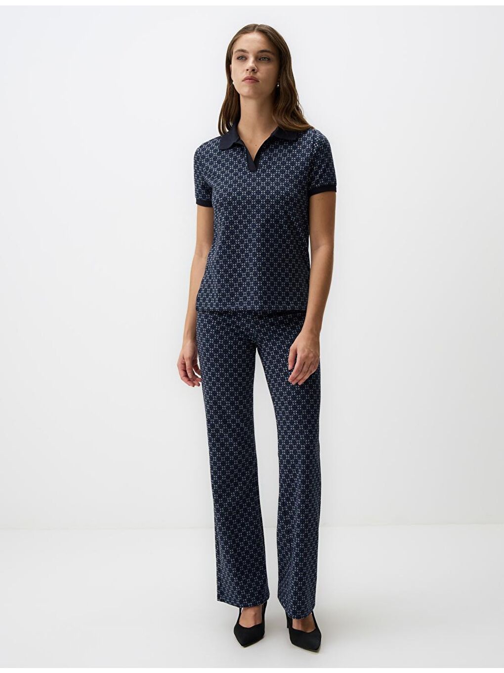 Lacivert Bol Paça Yüksek Bel Desenli Örme Pantolon-1