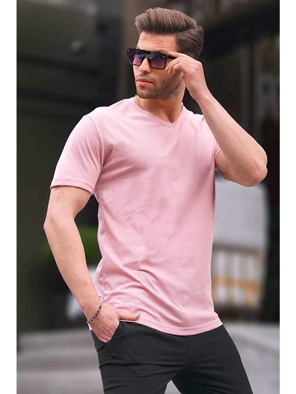 Pembe Basic V Yaka Pudra %100 Pamuk Tişört 5281-1