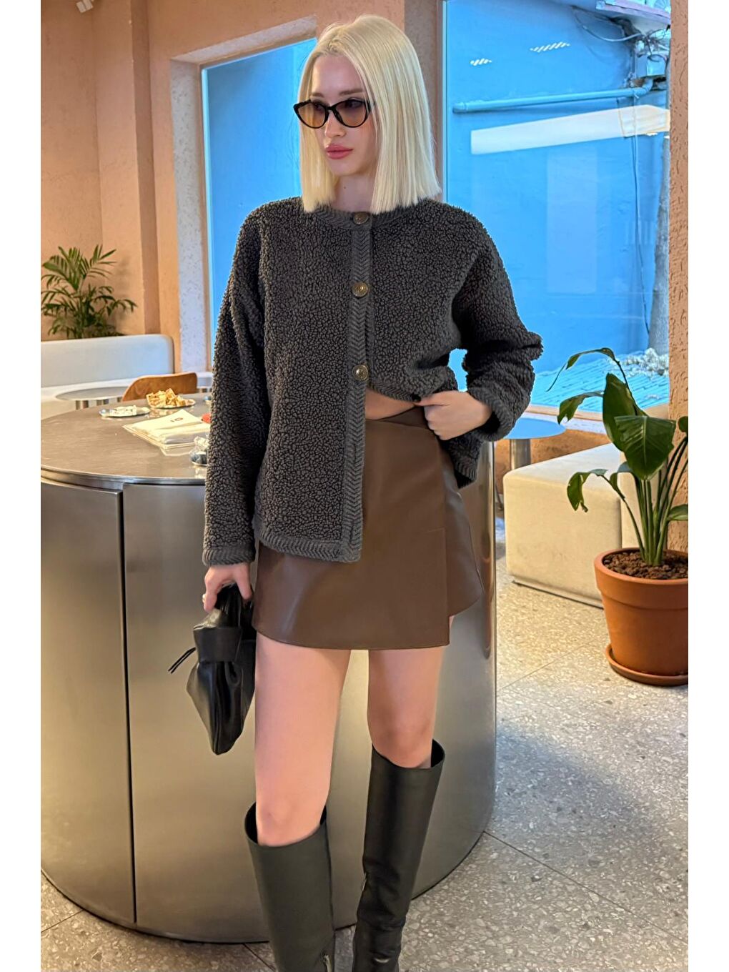 Kahverengi Deri Mini Şort Etek Mg2550