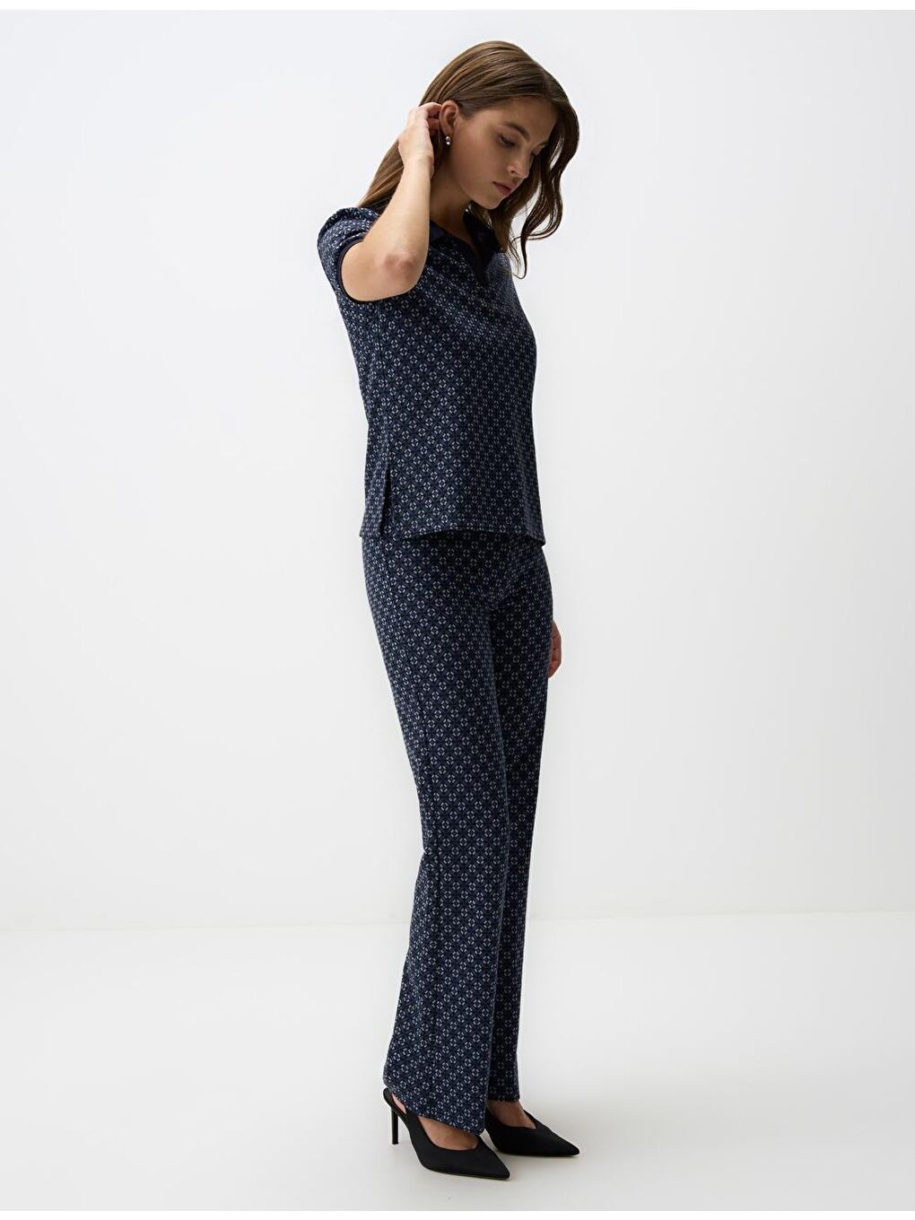 Lacivert Bol Paça Yüksek Bel Desenli Örme Pantolon-2