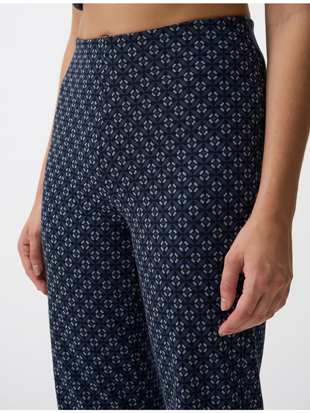 Lacivert Bol Paça Yüksek Bel Desenli Örme Pantolon-4