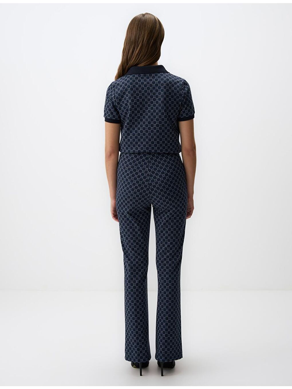 Lacivert Bol Paça Yüksek Bel Desenli Örme Pantolon-5