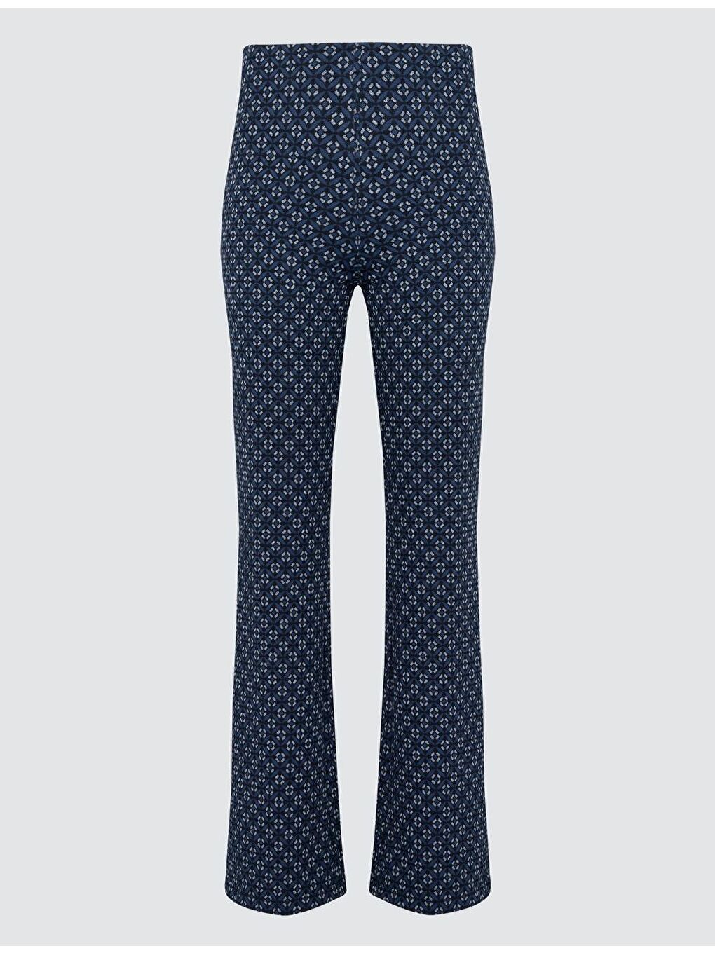 Lacivert Bol Paça Yüksek Bel Desenli Örme Pantolon-6