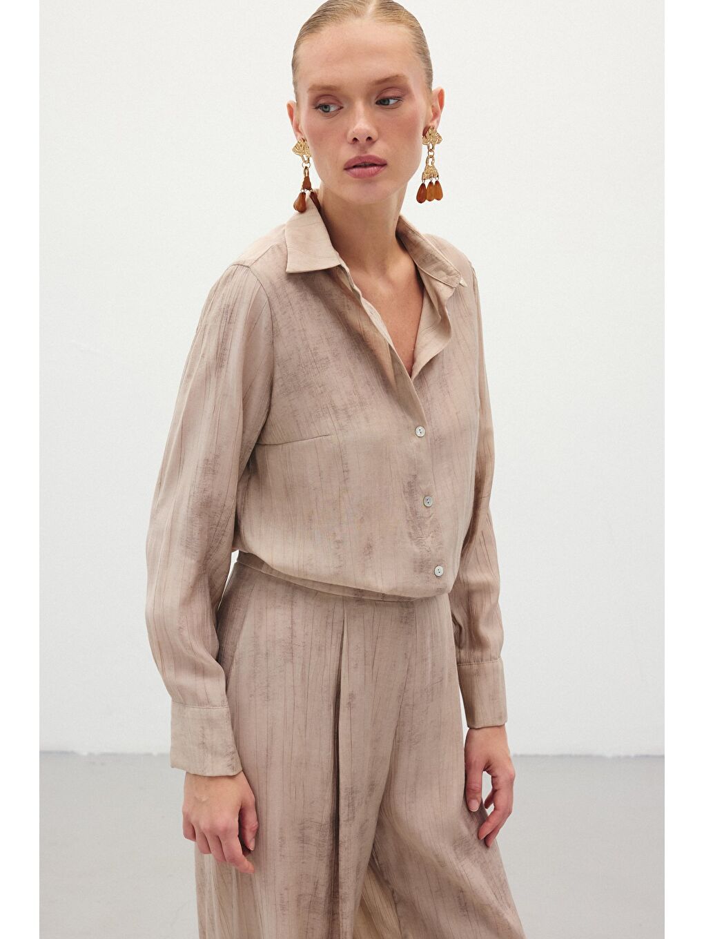 Desenli Salaş Gömlek - Bej-1