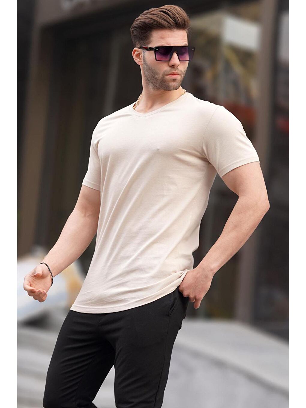 Basic V Yaka Bej Tişört 5281