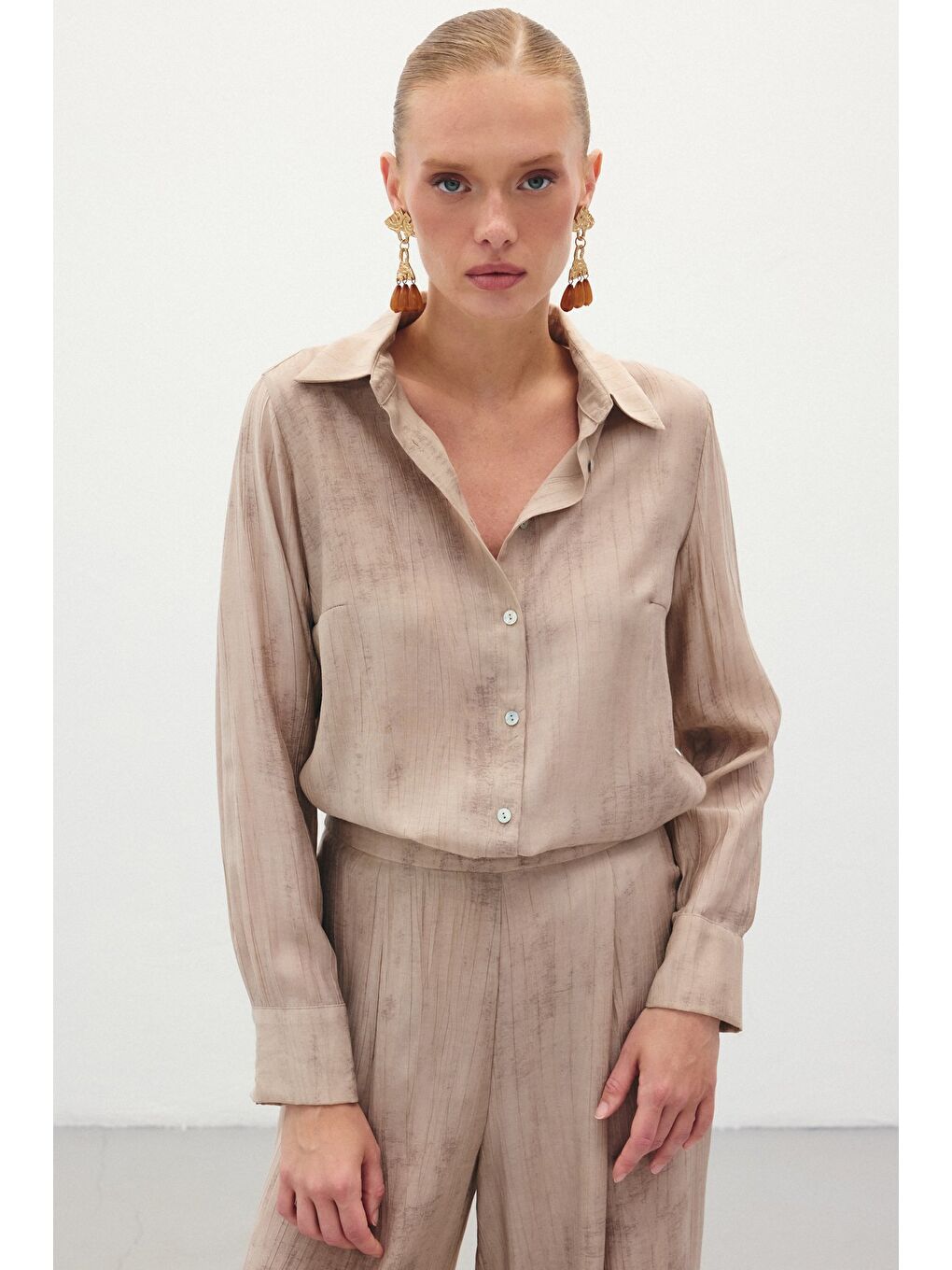 Desenli Salaş Gömlek - Bej-2