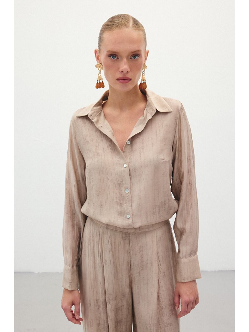 Desenli Salaş Gömlek - Bej-3