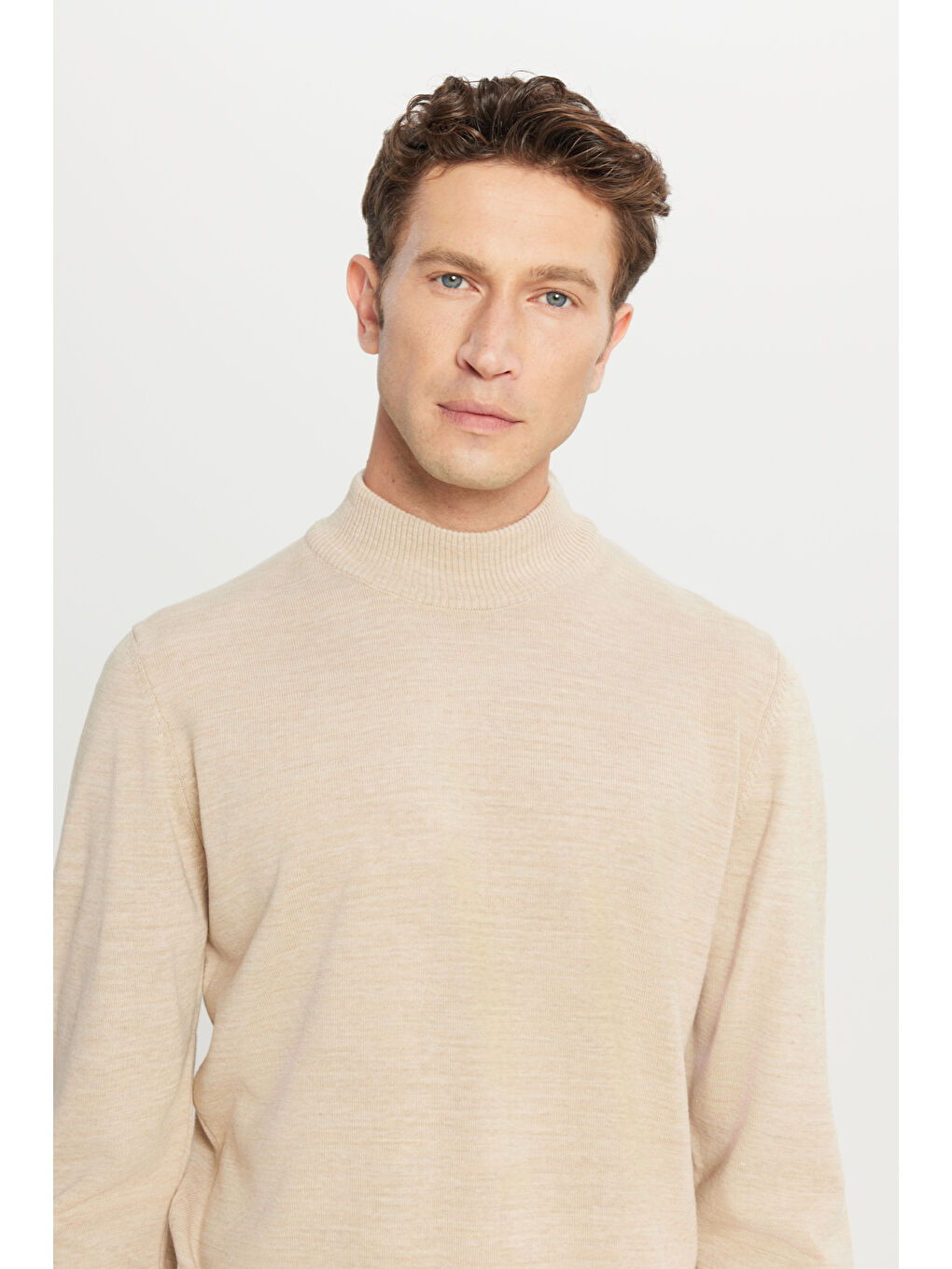 Erkek Bej Tüylenme Yapmayan Anti-Pilling Standart Fit Yarım Balıkçı Yaka Triko Kazak-3