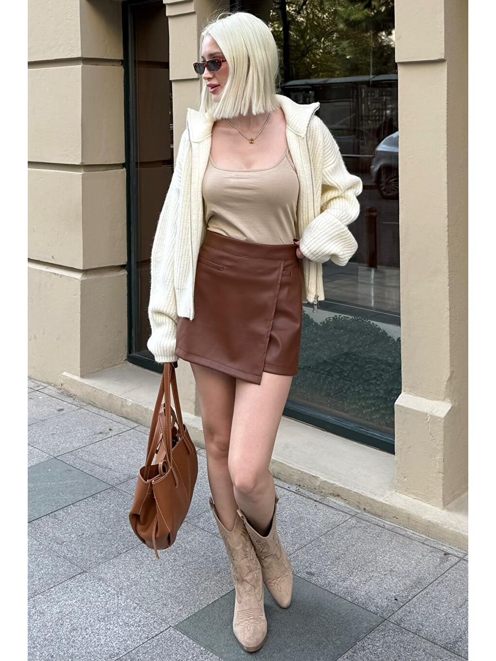 Kahverengi Deri Mini Şort Etek Mg2550-5