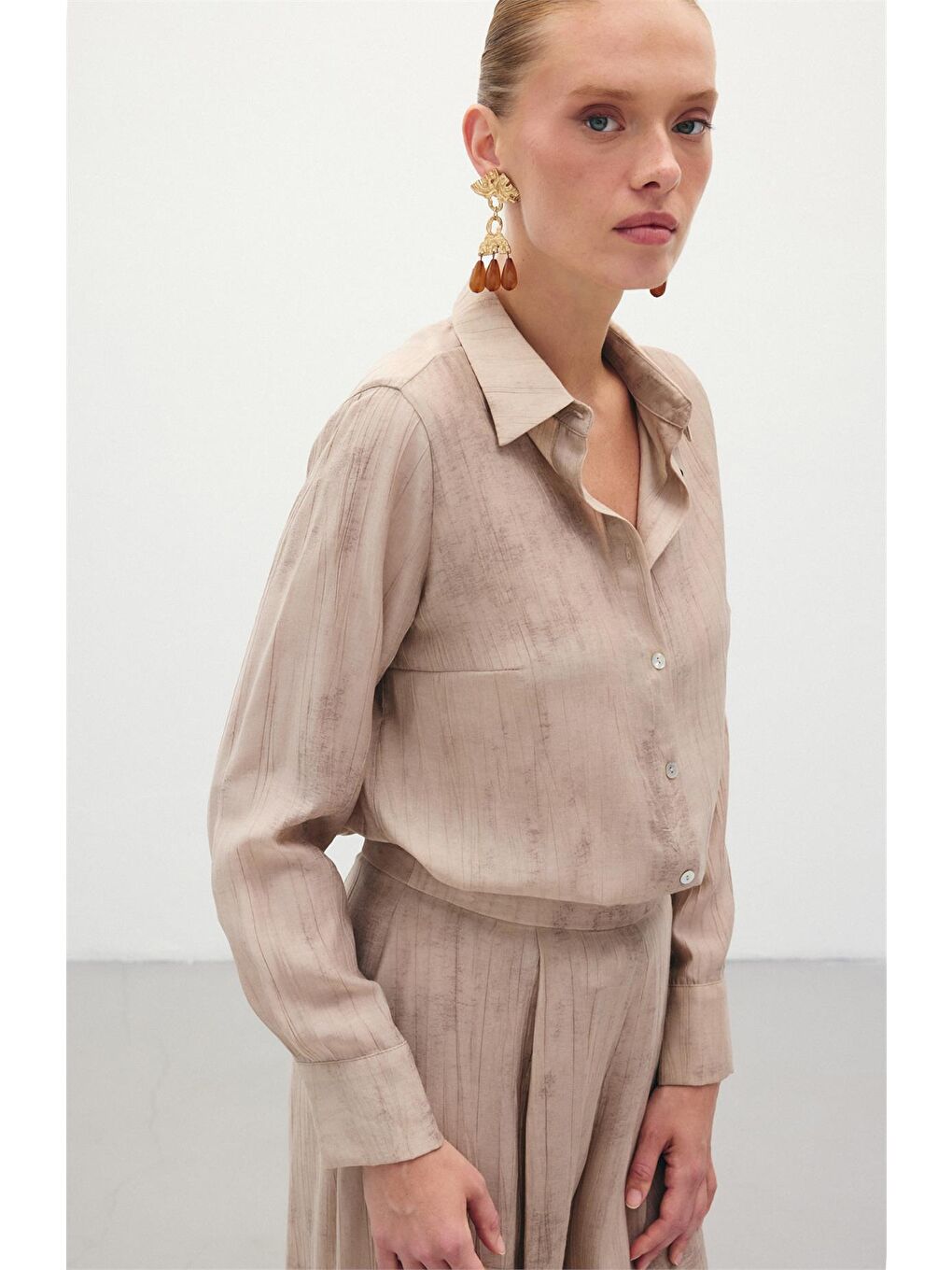 Desenli Salaş Gömlek - Bej-4