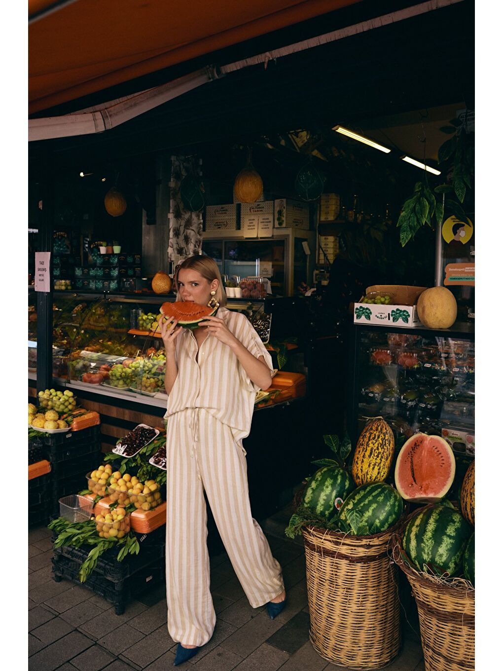 Çizgili Kısa Kol Gömlek - Bej-2