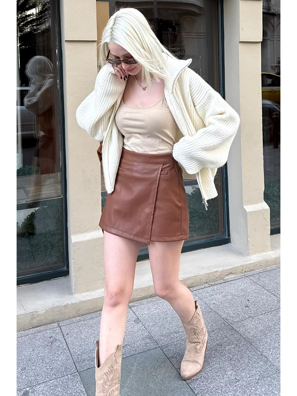 Kahverengi Deri Mini Şort Etek Mg2550-6