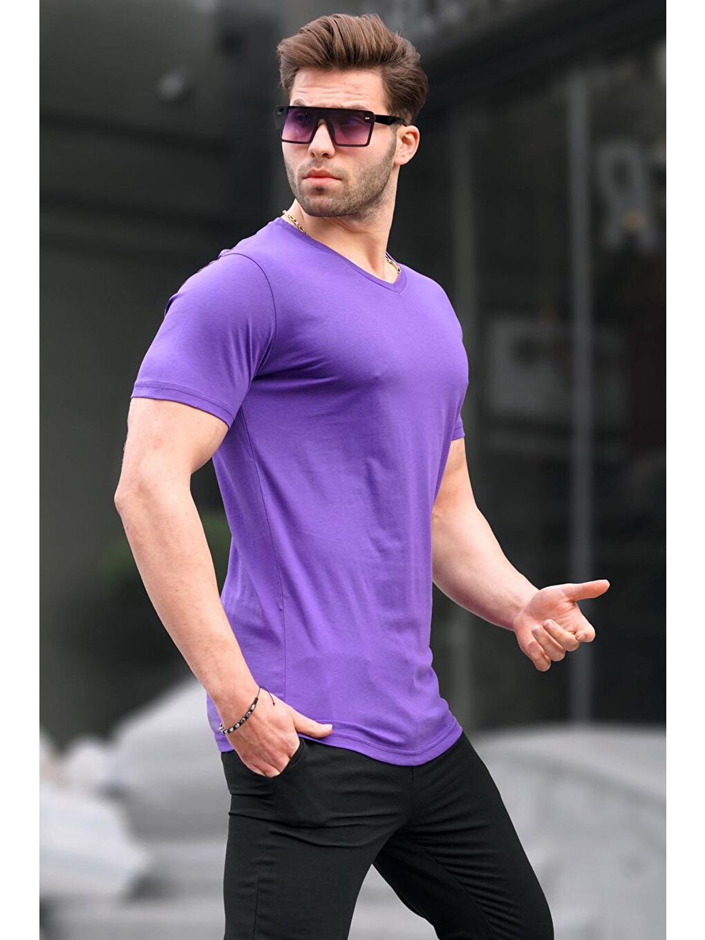 Basic V Yaka Mor Tişört 5281-1