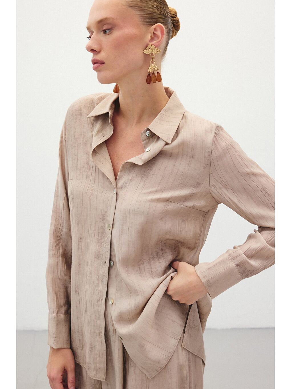 Desenli Salaş Gömlek - Bej-5