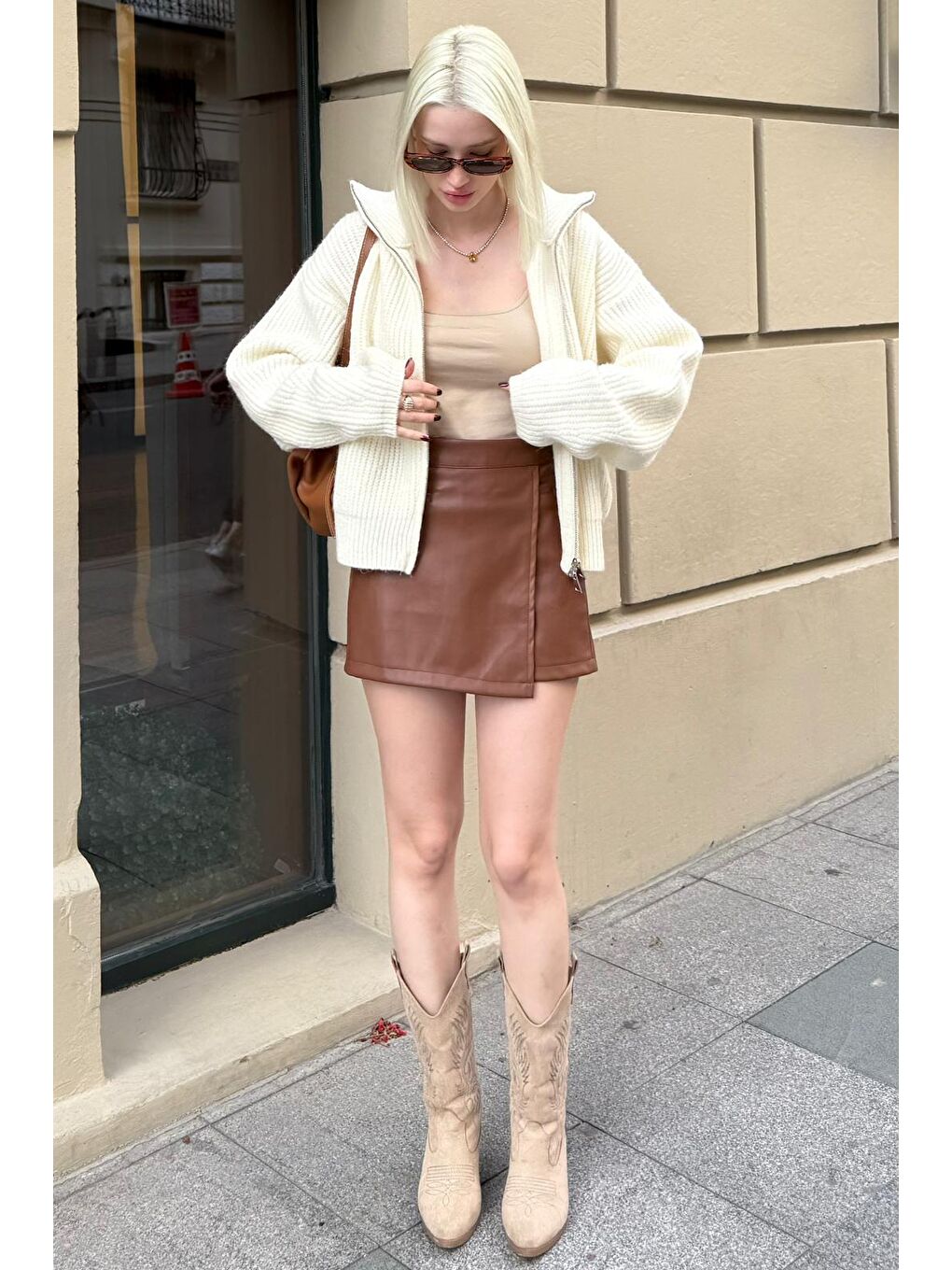 Kahverengi Deri Mini Şort Etek Mg2550-7