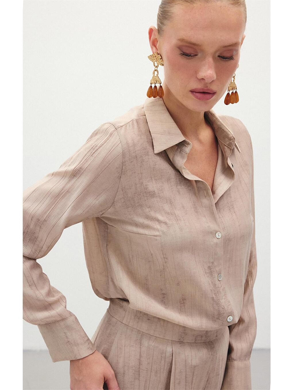 Desenli Salaş Gömlek - Bej-6