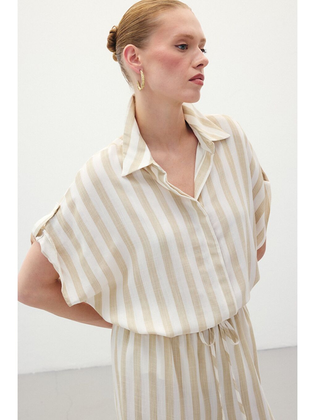 Çizgili Kısa Kol Gömlek - Bej-5