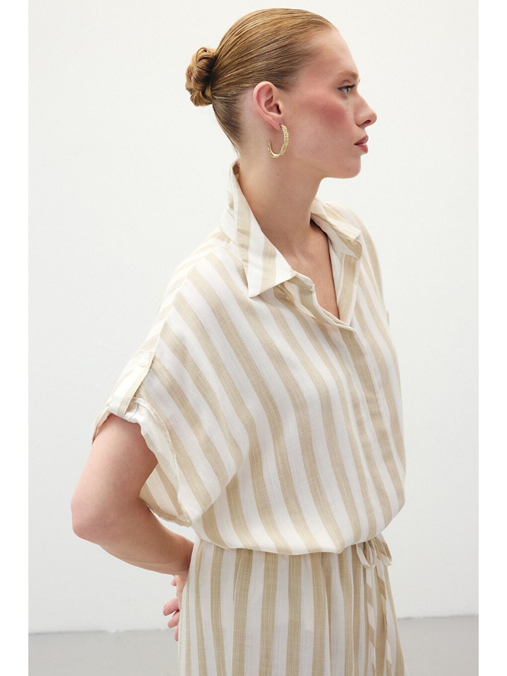 Çizgili Kısa Kol Gömlek - Bej-6