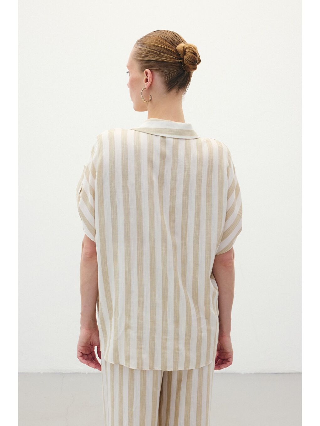 Çizgili Kısa Kol Gömlek - Bej-7
