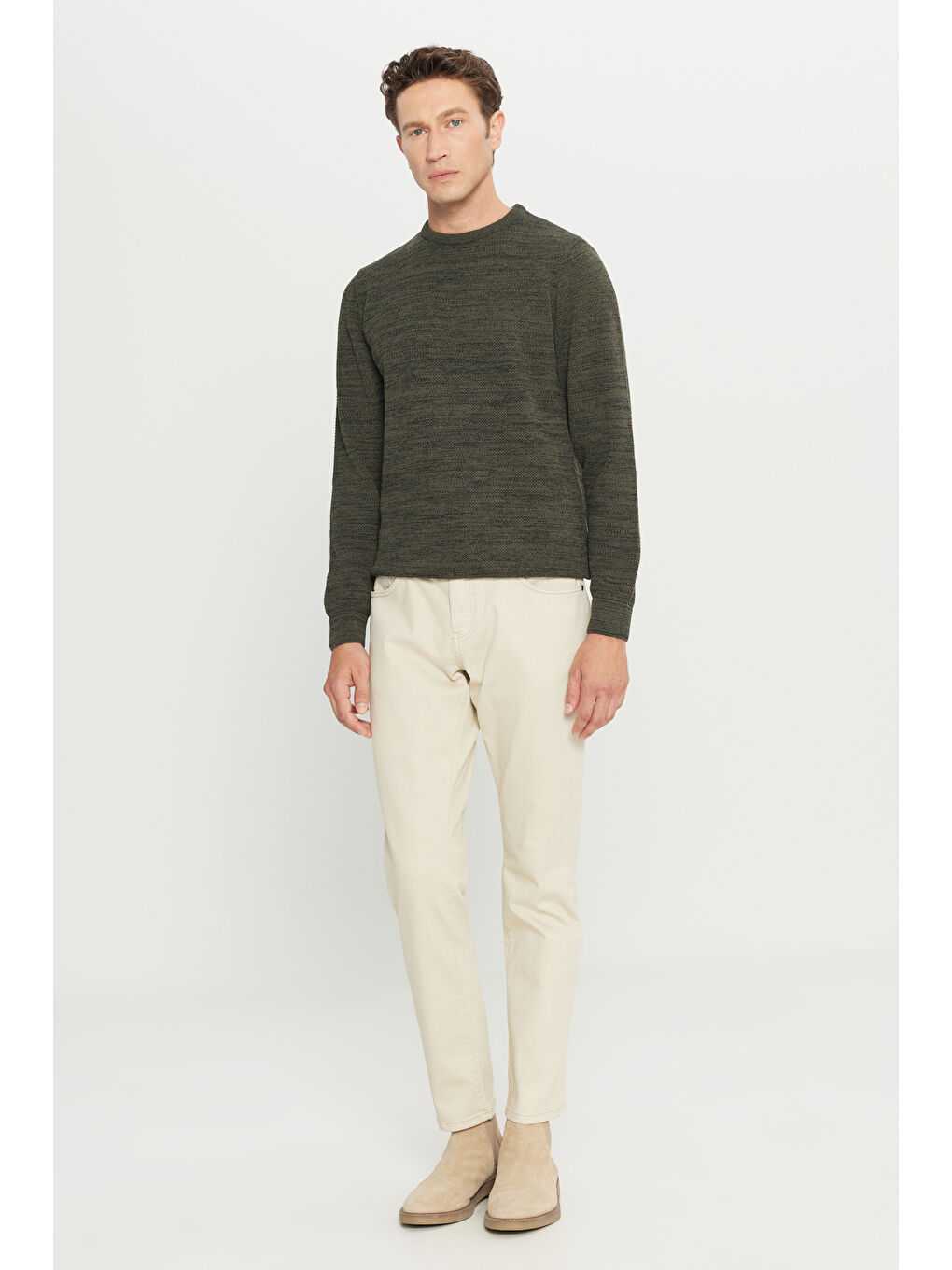 Erkek Haki-Siyah Recycle Standart Fit Bisiklet Yaka Düz Triko Kazak-1