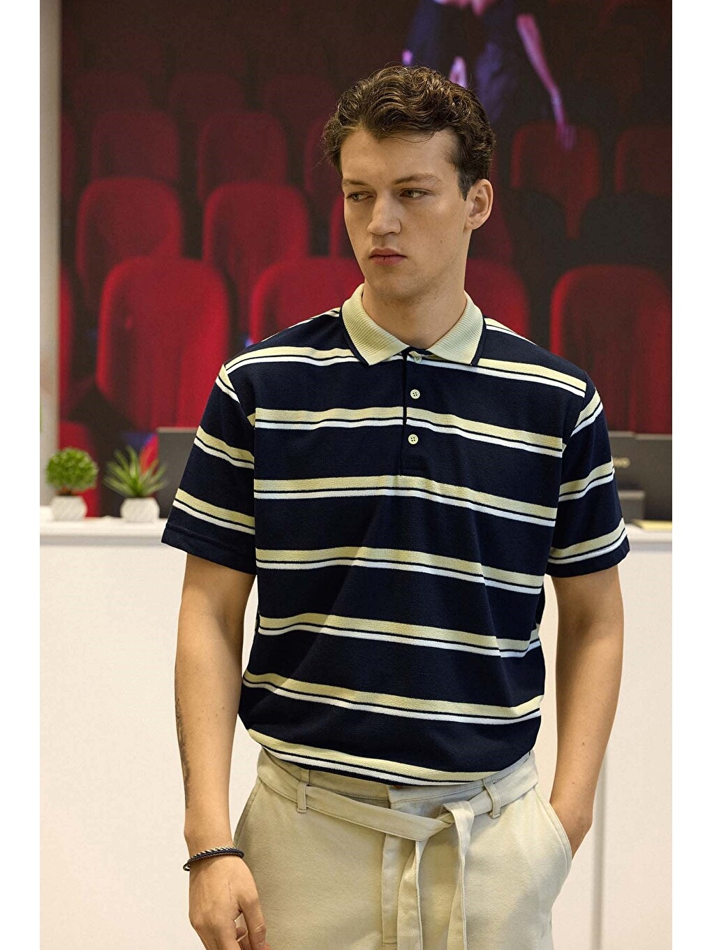 Erkek Regular Fit Çizgili Triko Polo Yaka Tişört Lacivert-2
