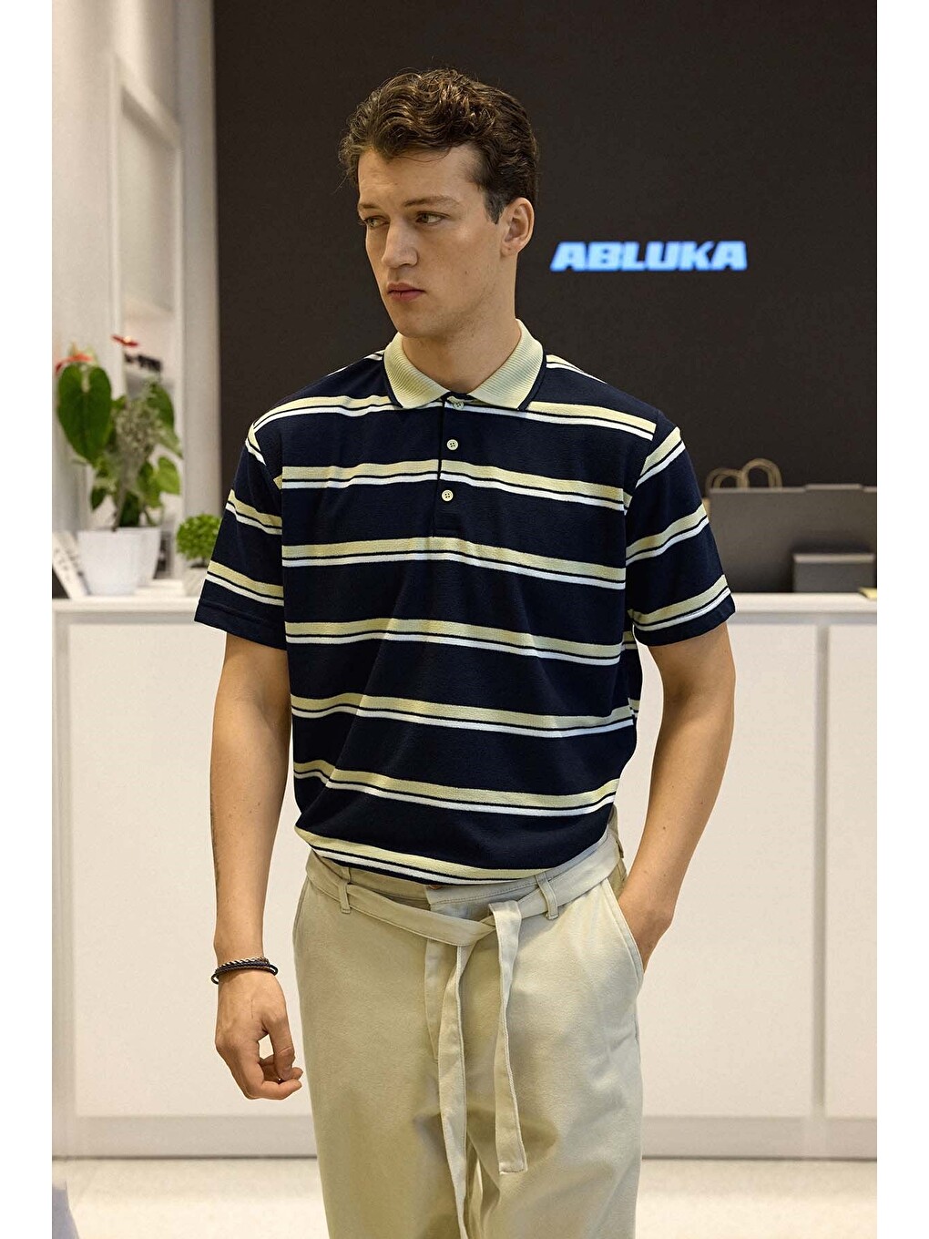 Erkek Regular Fit Çizgili Triko Polo Yaka Tişört Lacivert-3