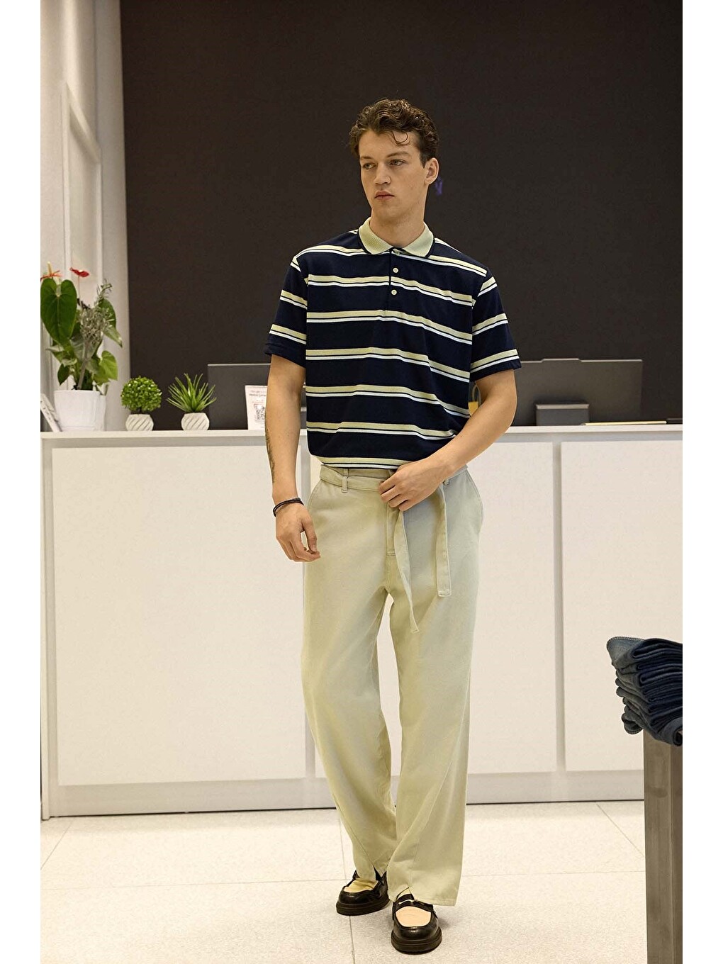 Erkek Regular Fit Çizgili Triko Polo Yaka Tişört Lacivert-4