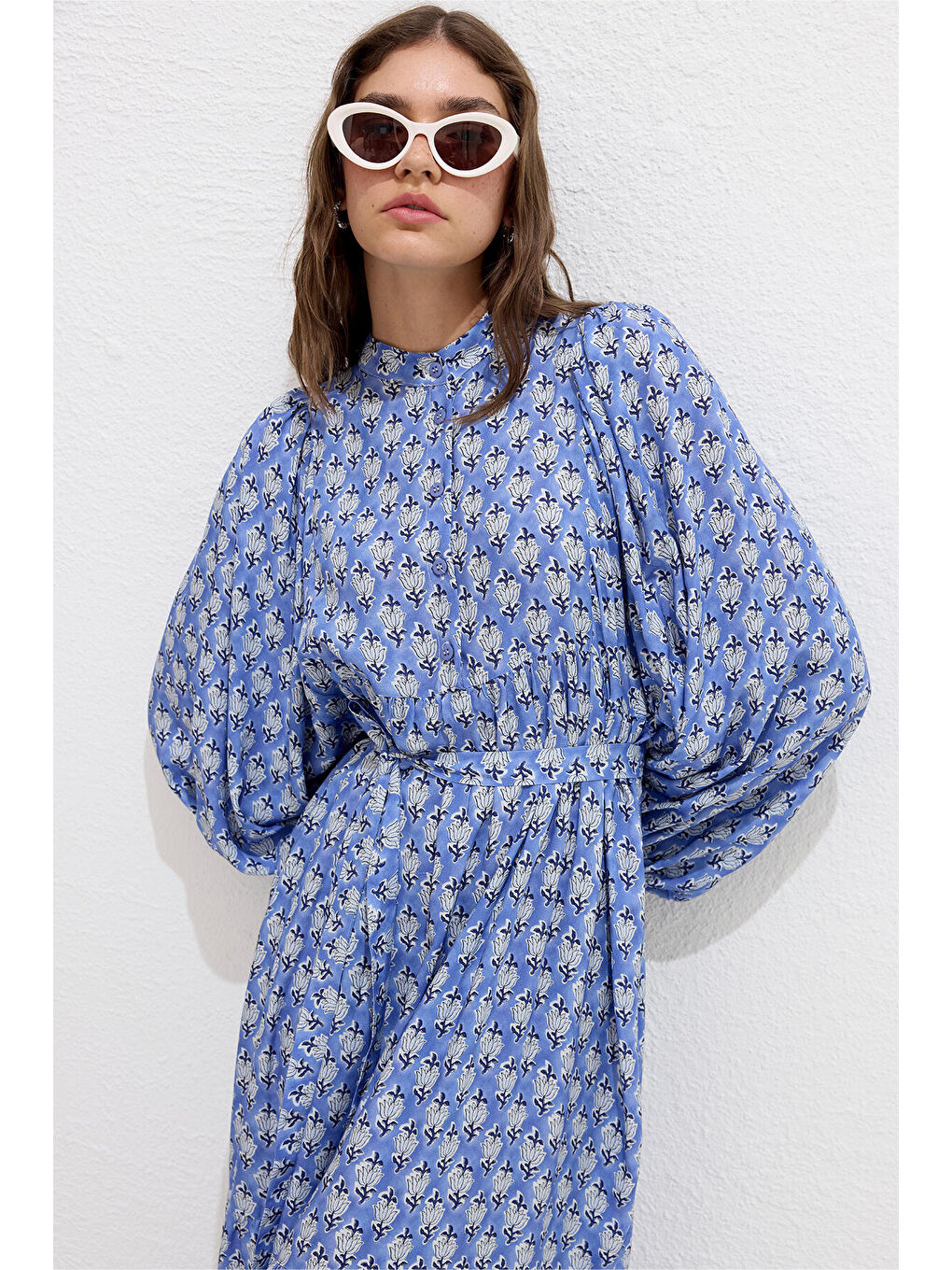 Viskon Balon Kol Elbise Symı Mavi-1