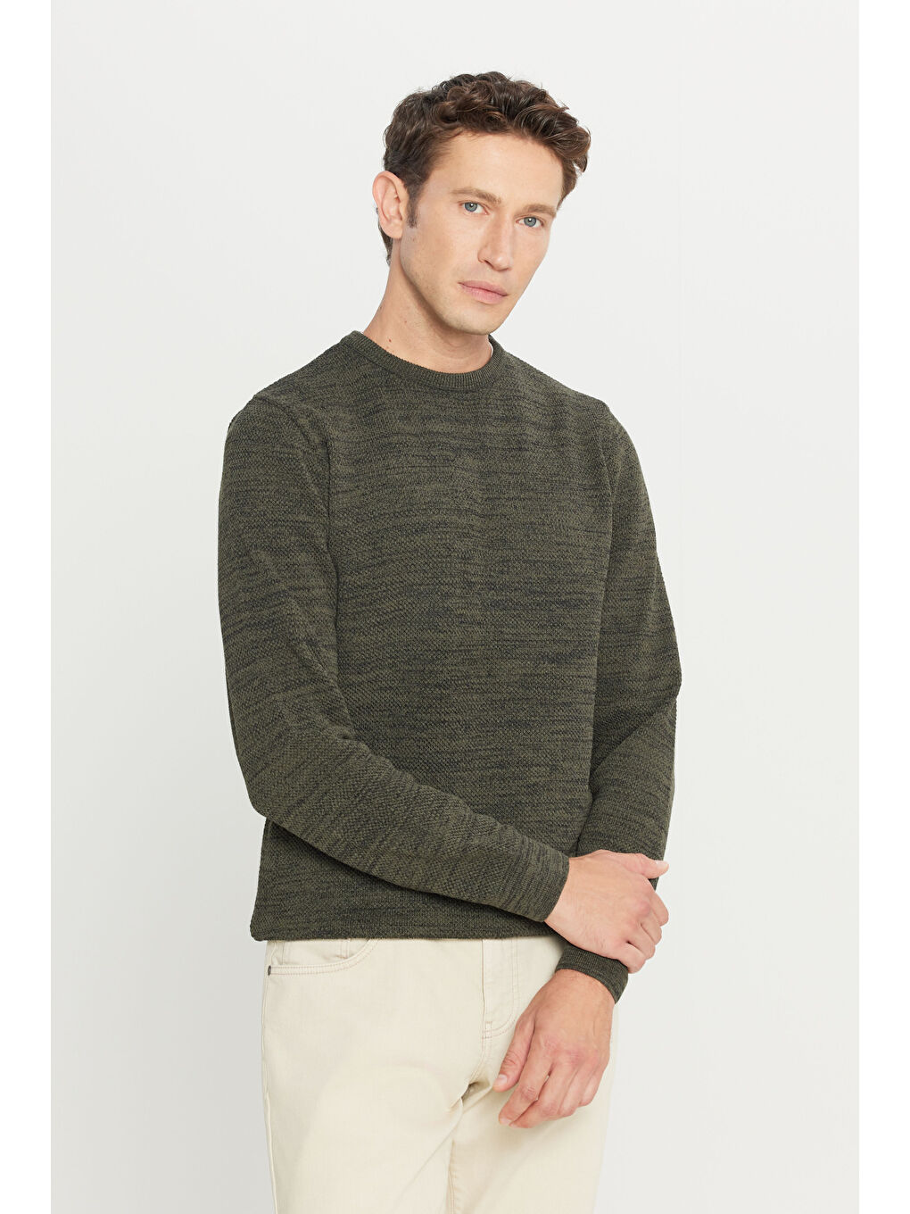 Erkek Haki-Siyah Recycle Standart Fit Bisiklet Yaka Düz Triko Kazak-2