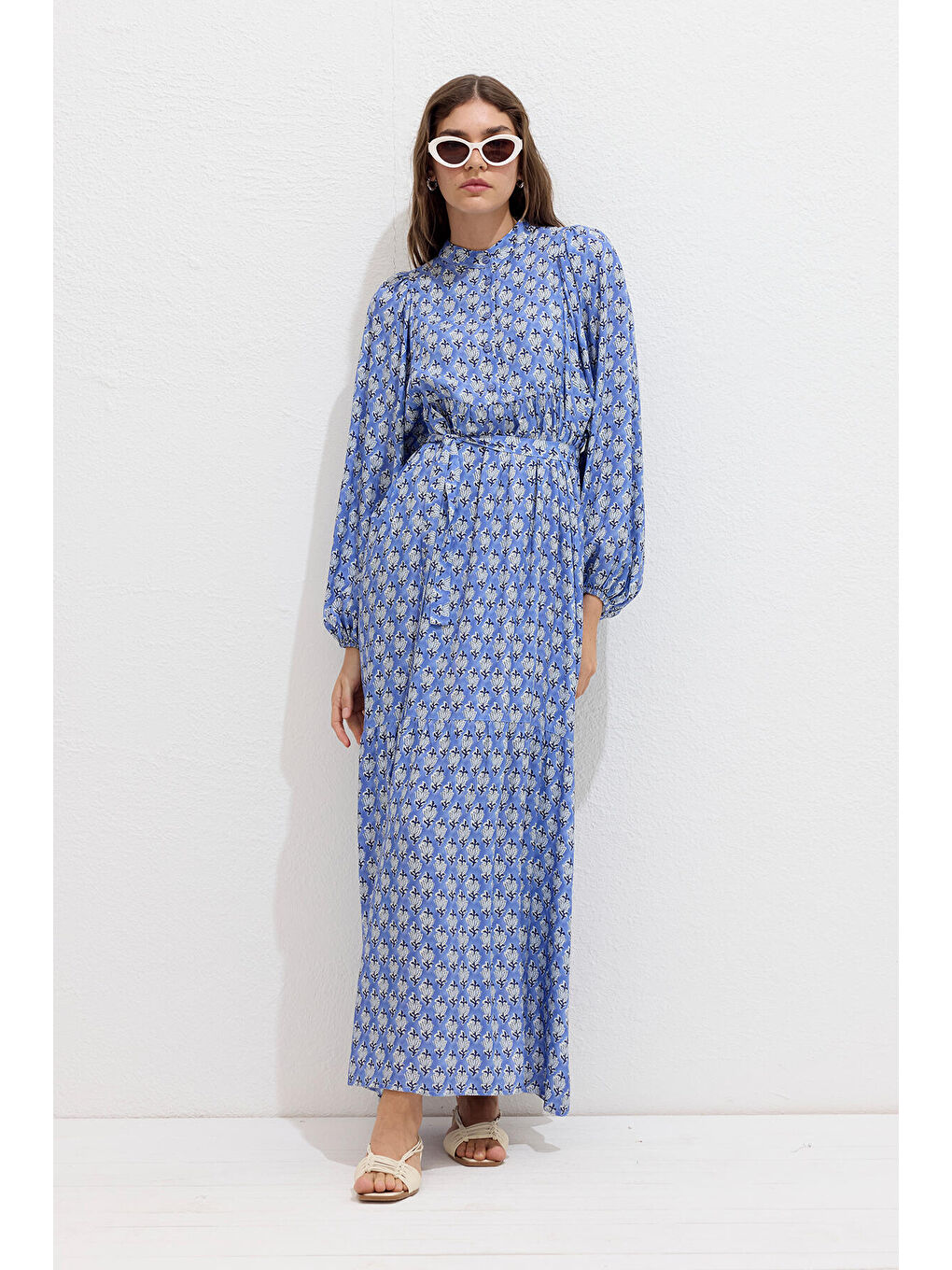 Viskon Balon Kol Elbise Symı Mavi-3