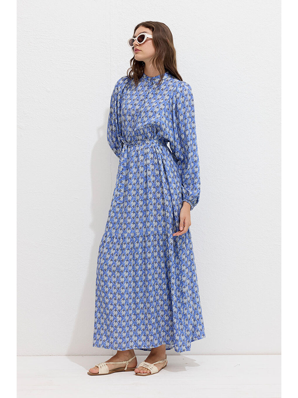 Viskon Balon Kol Elbise Symı Mavi-4