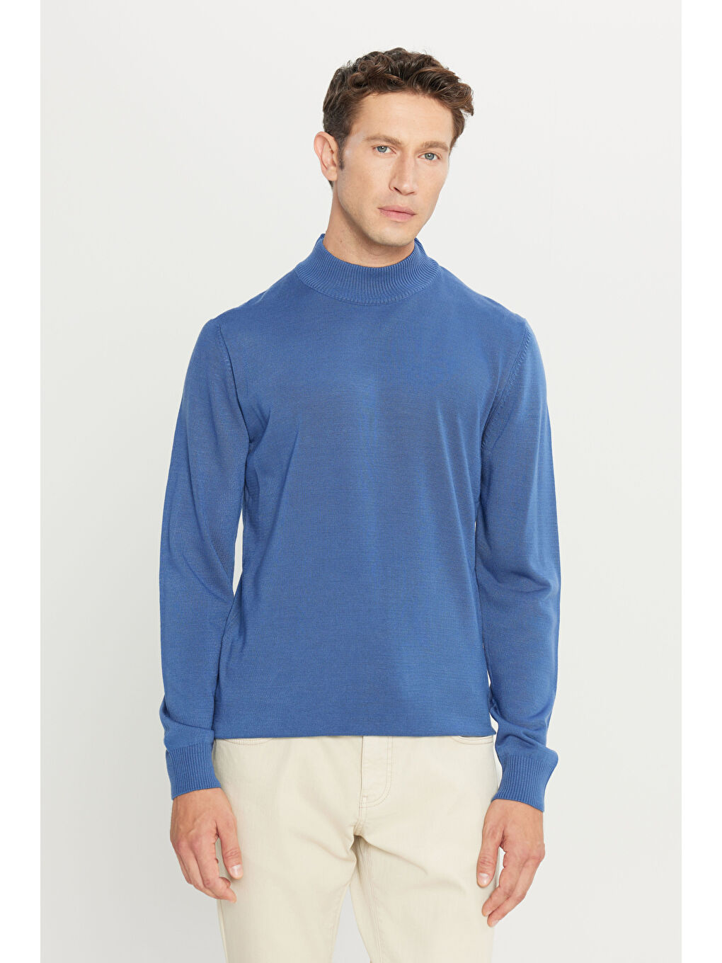 Erkek İndigo Tüylenme Yapmayan Anti-Pilling Standart Fit Yarım Balıkçı Yaka Triko Kazak-2