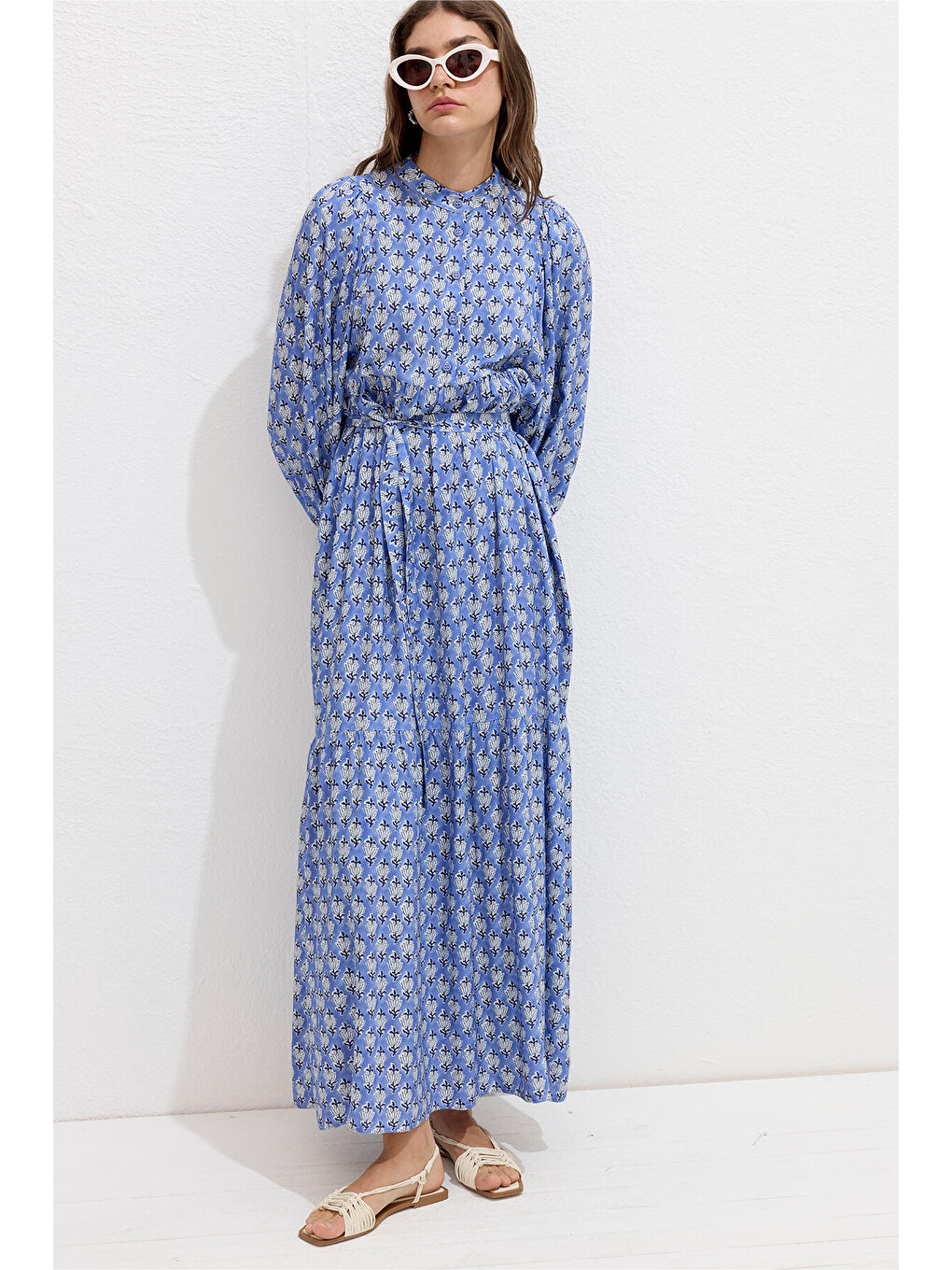 Viskon Balon Kol Elbise Symı Mavi-5