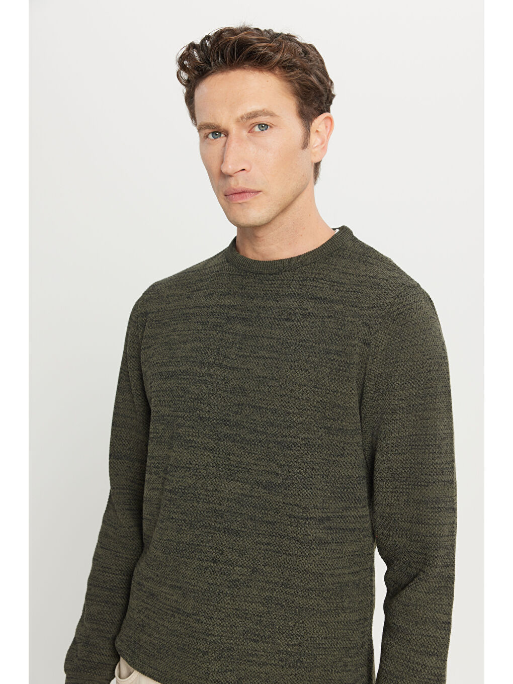 Erkek Haki-Siyah Recycle Standart Fit Bisiklet Yaka Düz Triko Kazak-3