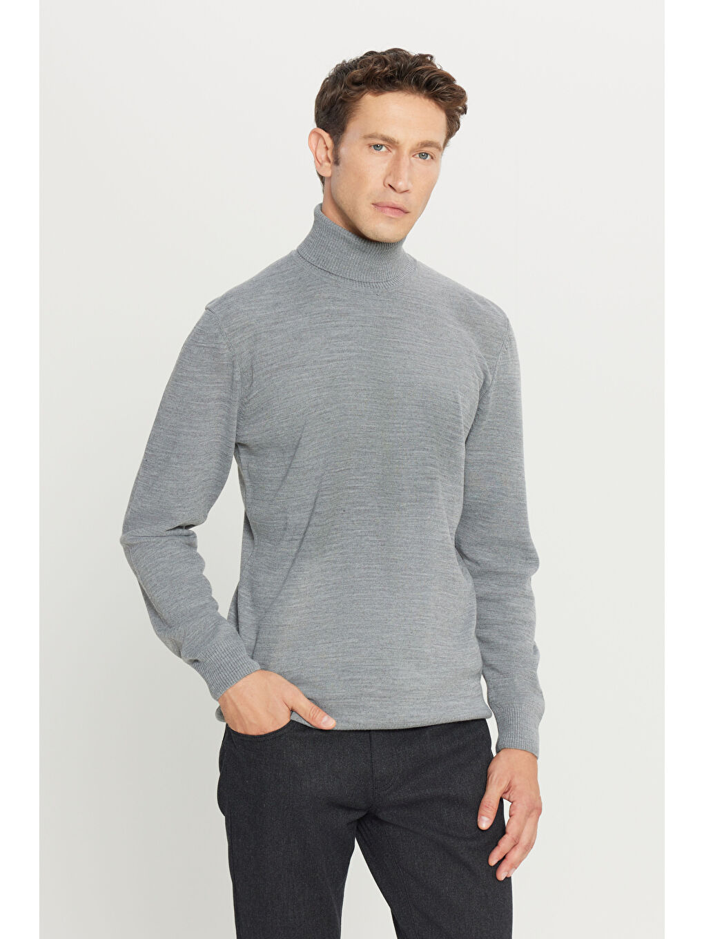 Erkek Gri Melanj Tüylenme Yapmayan Anti Pilling Özellikli Standart Fit Tam Balıkçı Yaka Triko-2