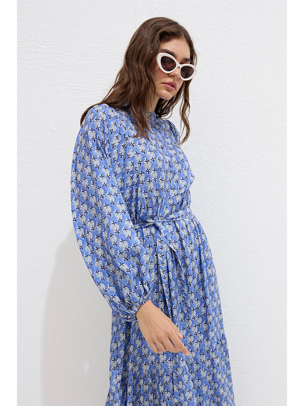 Viskon Balon Kol Elbise Symı Mavi-6