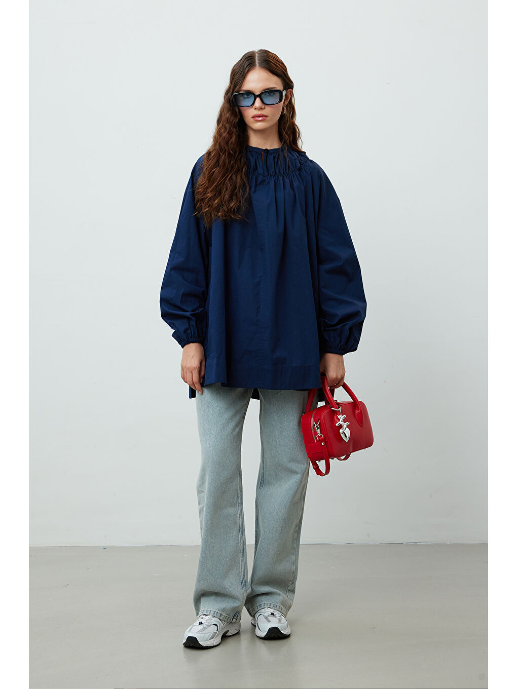 Yakası Büzgülü Tunik Lacivert-1