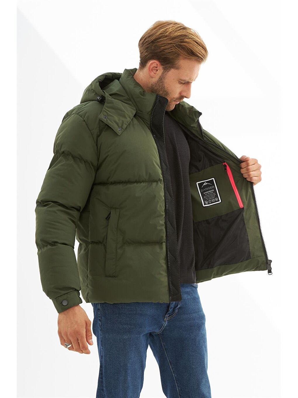 Erkek Su Geçirmez Çıkarılabilir Kapüşonlu Şişme Mont Haki-2