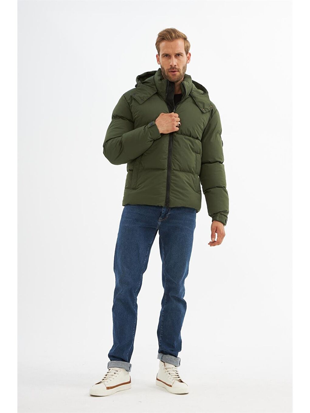 Erkek Su Geçirmez Çıkarılabilir Kapüşonlu Şişme Mont Haki-3