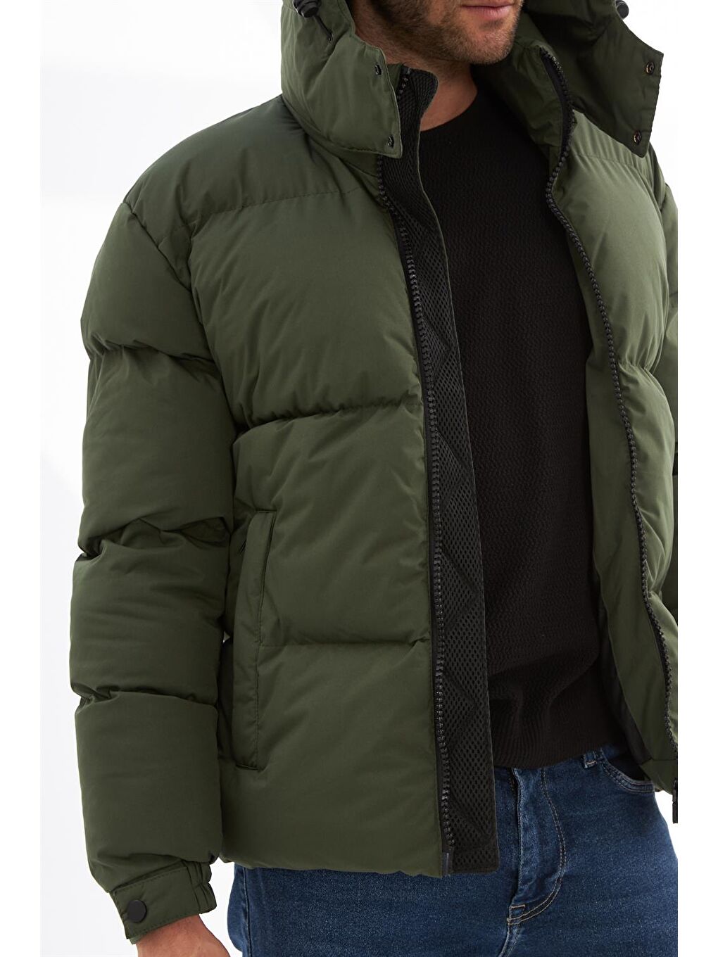 Erkek Su Geçirmez Çıkarılabilir Kapüşonlu Şişme Mont Haki-4