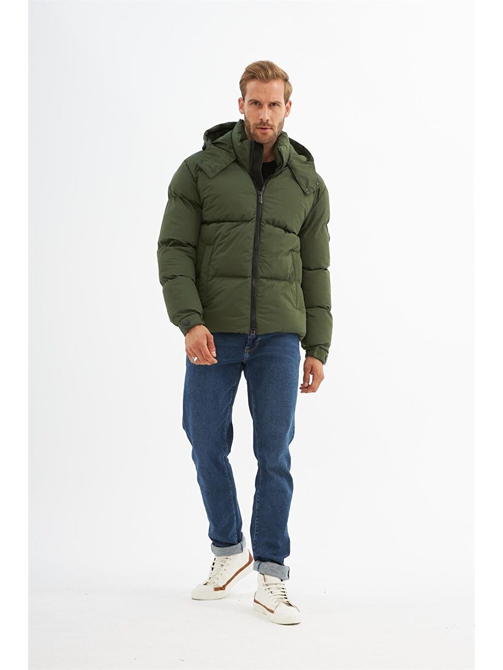 Erkek Su Geçirmez Çıkarılabilir Kapüşonlu Şişme Mont Haki-5