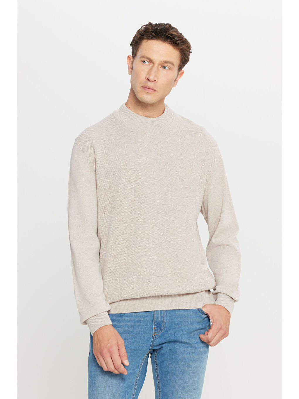 Erkek Bej Standart Fit Normal Kesim Yarım Balıkçı Yaka Pamuklu Triko-2