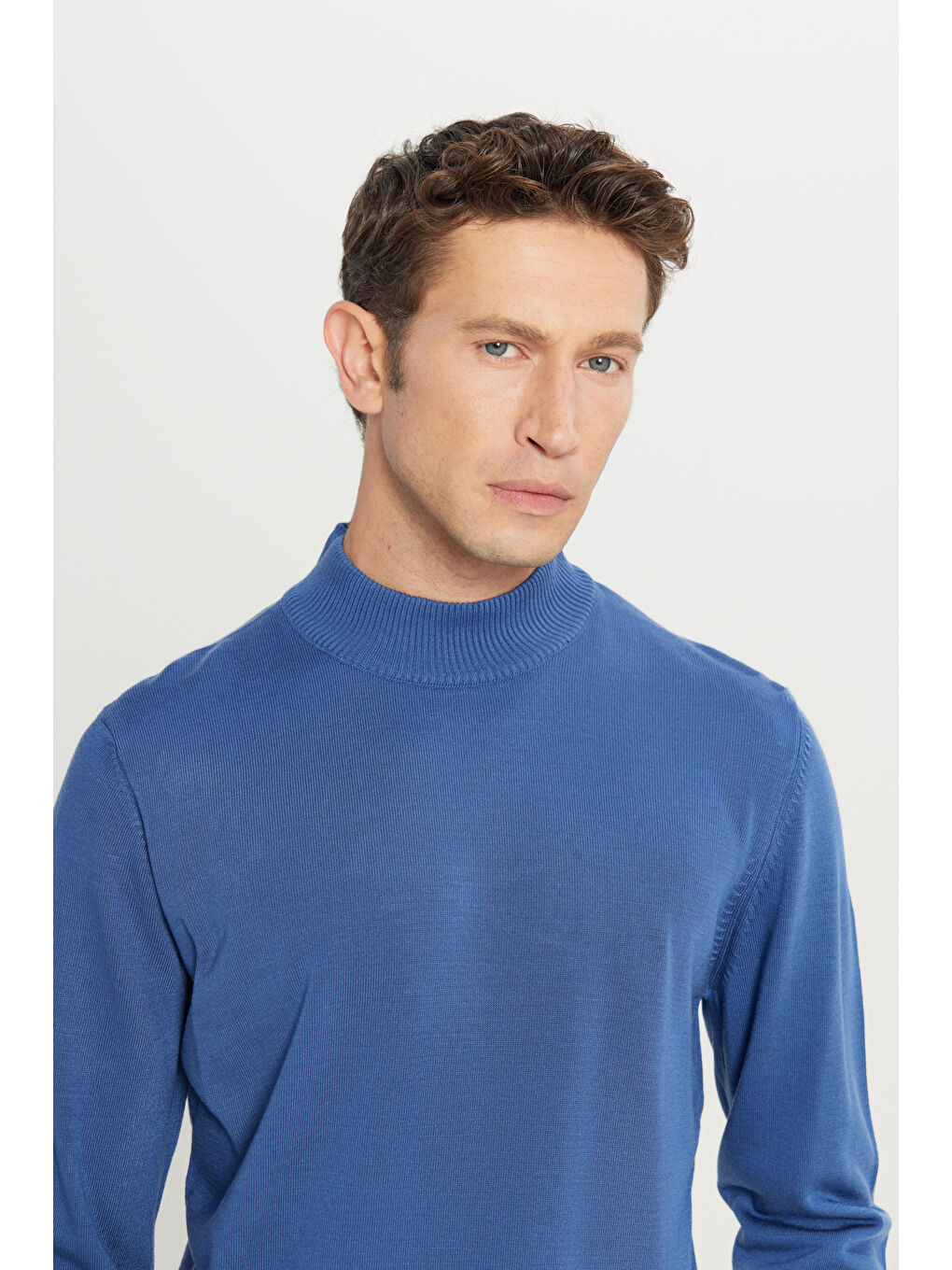 Erkek İndigo Tüylenme Yapmayan Anti-Pilling Standart Fit Yarım Balıkçı Yaka Triko Kazak-3