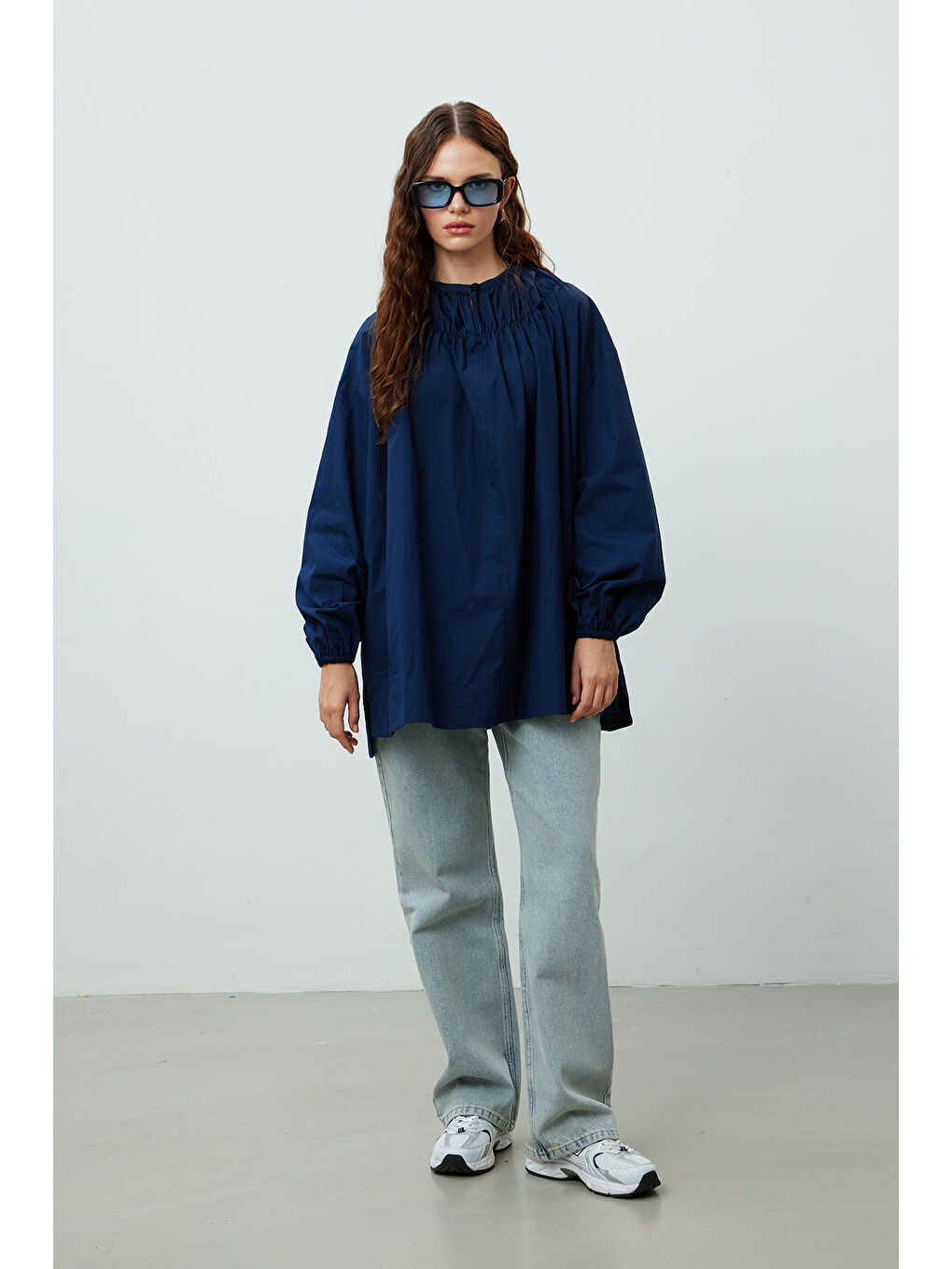Yakası Büzgülü Tunik Lacivert-3