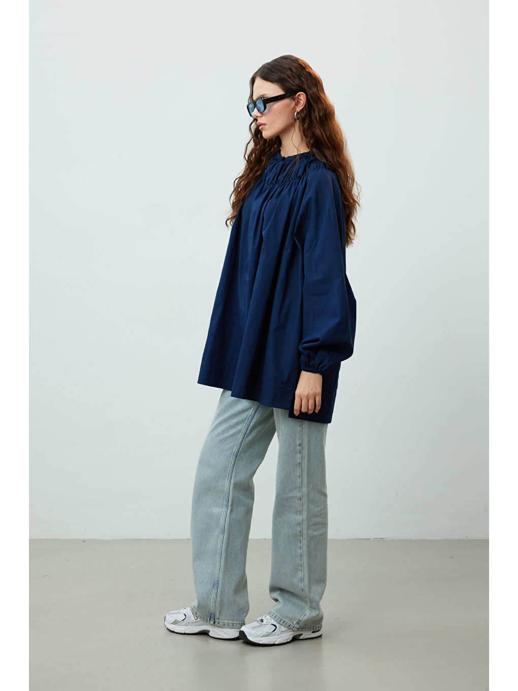 Yakası Büzgülü Tunik Lacivert-4