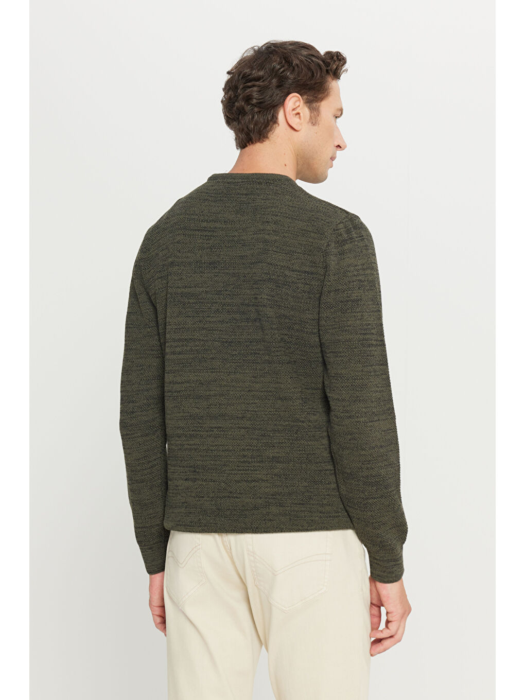 Erkek Haki-Siyah Recycle Standart Fit Bisiklet Yaka Düz Triko Kazak-4