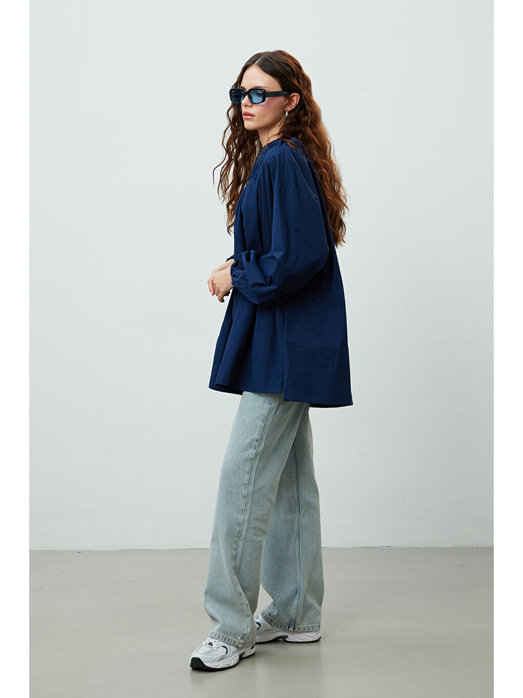 Yakası Büzgülü Tunik Lacivert-5