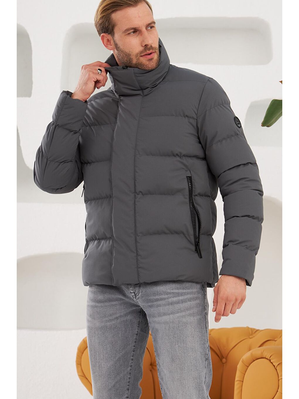 Danger Erkek Dik Yaka Yağmur Ve Rüzgar Geçirmez Puffer Mont Antrasit - 4