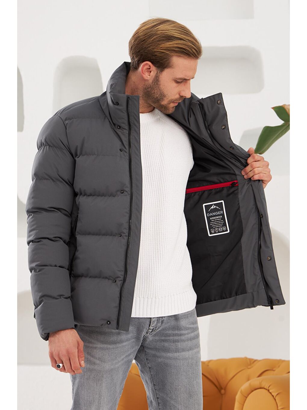 Danger Erkek Dik Yaka Yağmur Ve Rüzgar Geçirmez Puffer Mont Antrasit - 5
